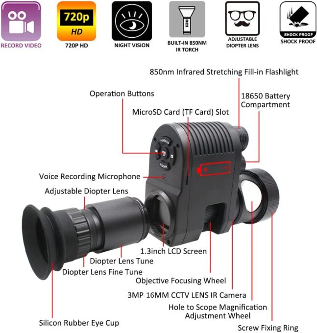  Megaorei 3 A 720p HD Hunting Night Vision Scope Camcorder Monocular Clip on Attachment with Built-in 850nm Infrared IR Flashlight (Without TF Card and Battery)